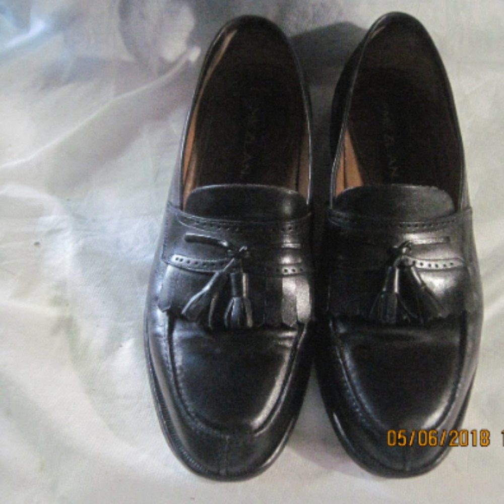 MEZLAN Black Leather Tassel Dress Loafers, 10 M